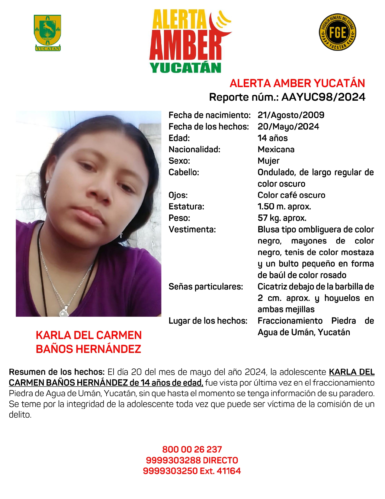 Alerta Amber Estatal De Karla Del Carmen Baños Hernández De 14 Años (yuc) Page 0001