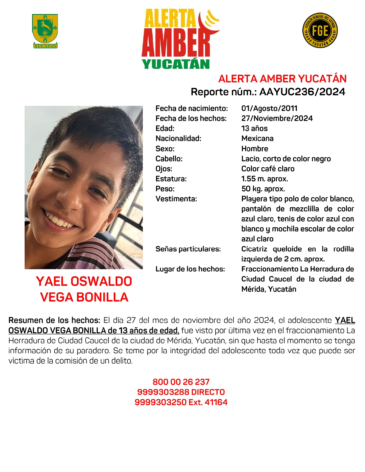 Alerta Amber Estatal Yael Oswaldo Vega Bonilla De 13 Años De Edad (yuc) Page 0001